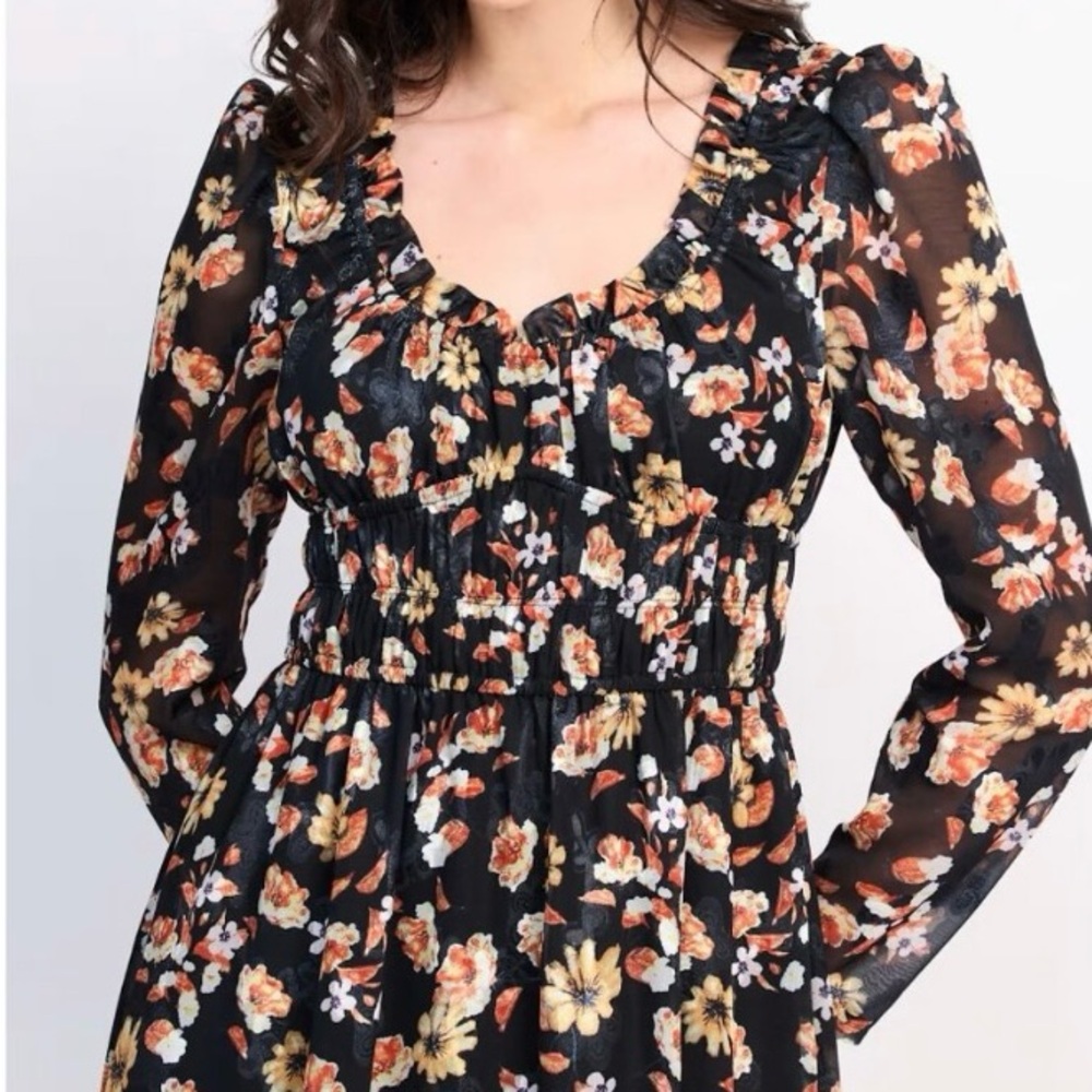 NWT Black and Orange Floral Long Sleeve Sundress with Puff Sleeves